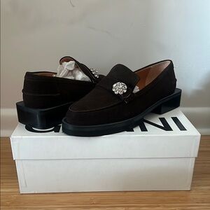 Ganni Suede Brown Loafers with Crystal Detail